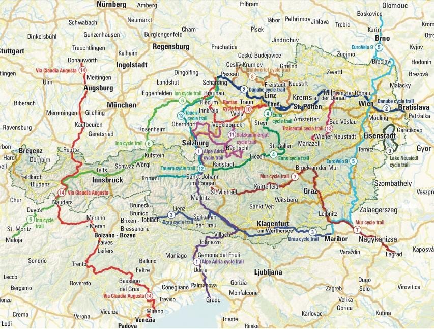 карта Аустрије Бициклизам