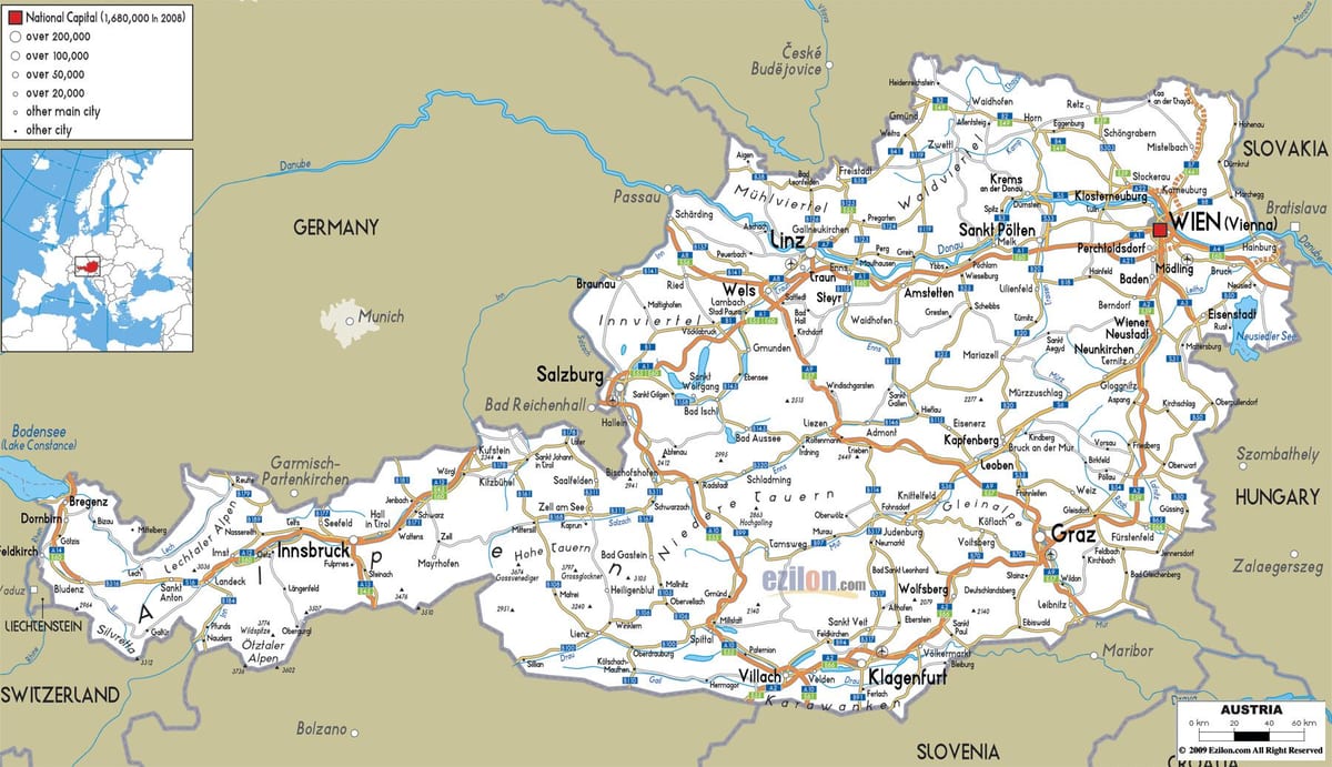 детаљна карта Аустрије са градовима