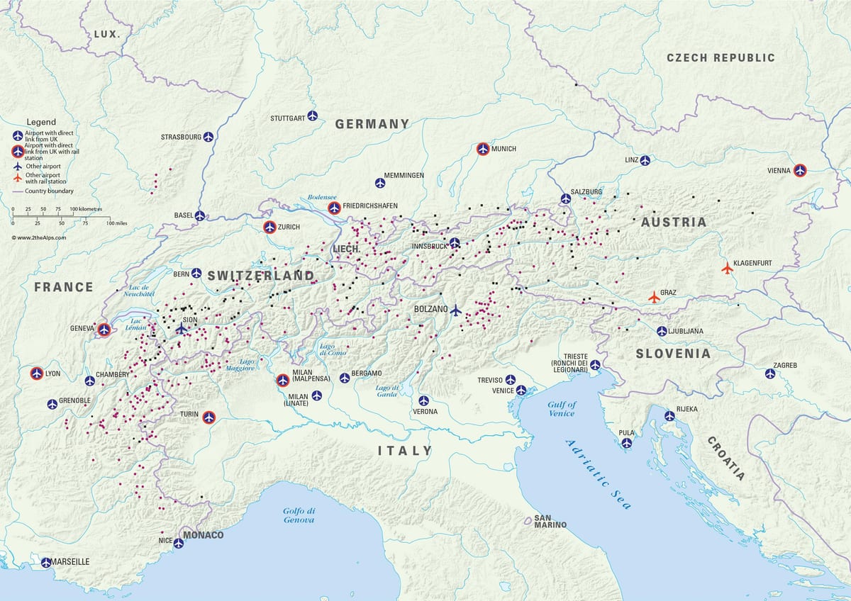 карта Аустрије скијалишта, аеродроми